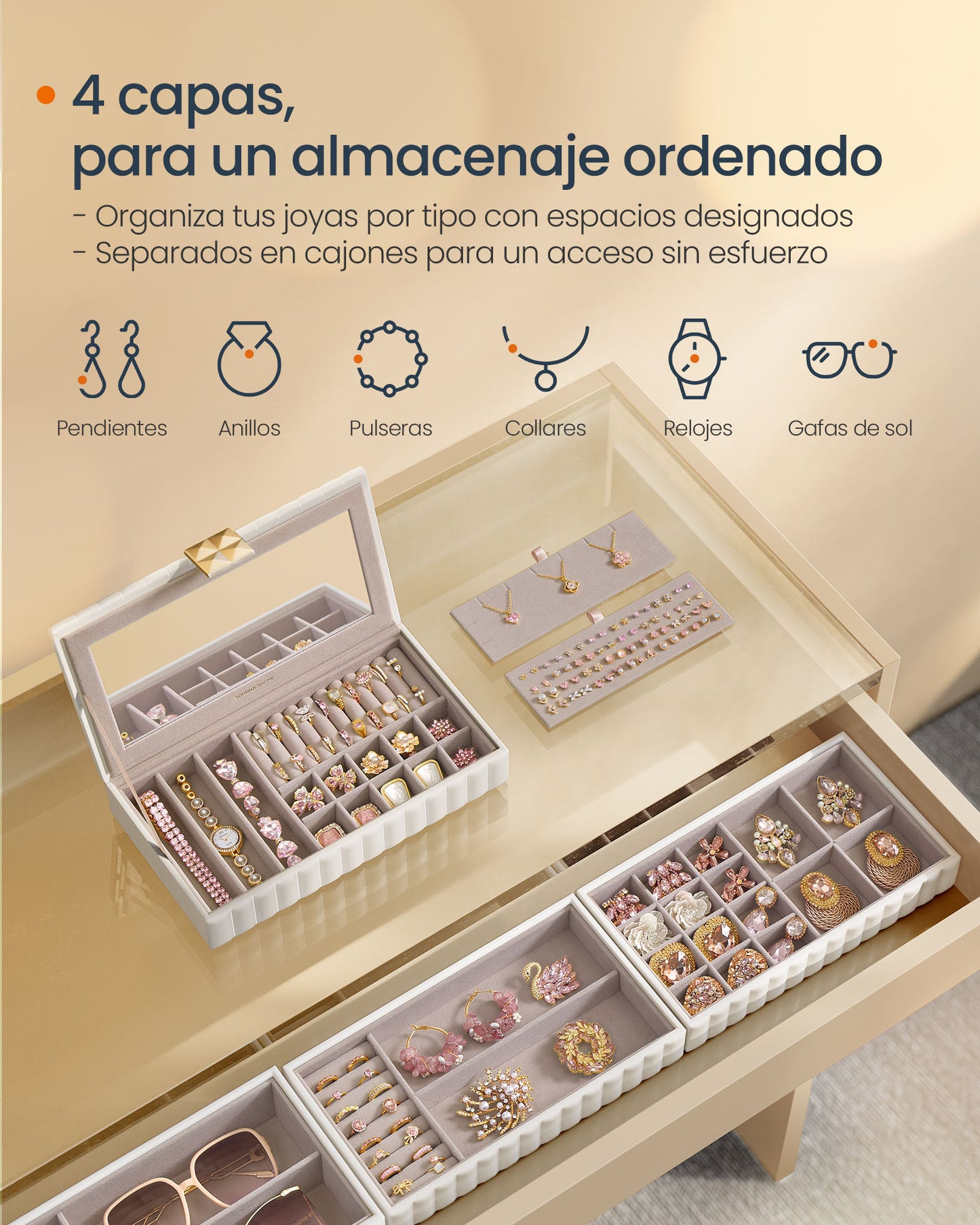 Joyero, Caja, Joyero Organizador, con Espejo, Organizador Joyero 4 Capas, Superficie PU con Costuras, Blanco Nube, SONGMICS, 5
