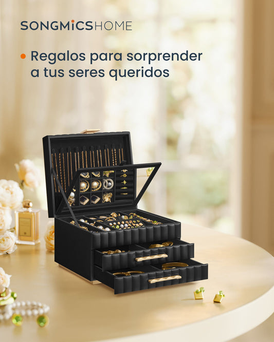 Joyero Organizador, Caja Joyero, 3 Capas con Espejo, Joyero Pendientes, con 2 Cajones, Superficie PU, Negro, SONGMICS, 3