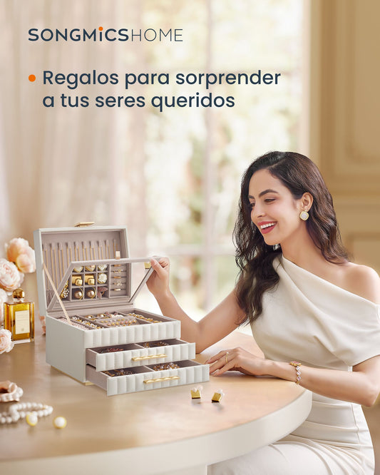 Joyero, Joyero Organizador, 3 Capas con Espejo, Caja Joyero, con 2 Cajones, Superficie PU Blanco Nube, SONGMICS, 3