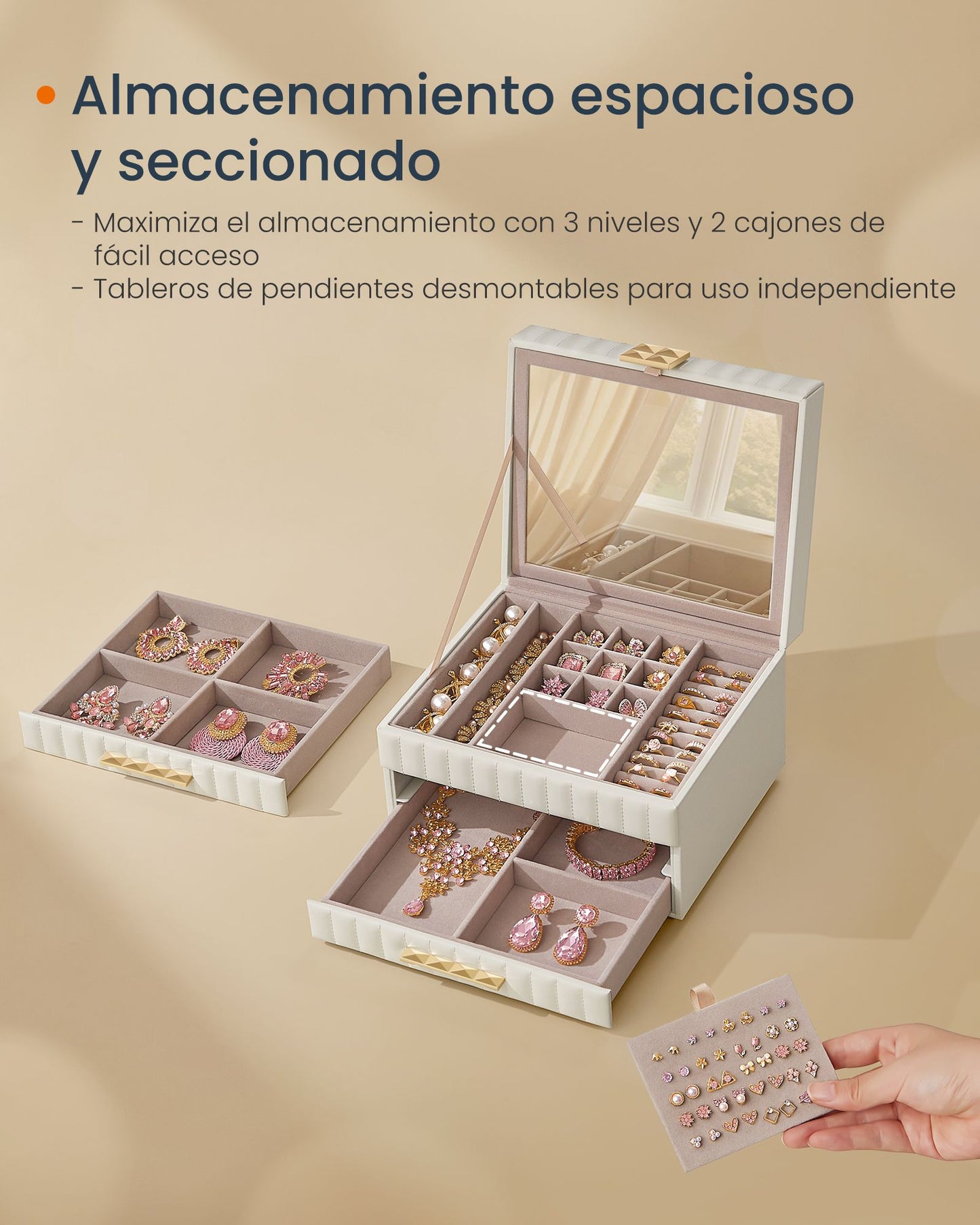 Joyero, Joyero Organizador, 3 Capas con Espejo, Caja Joyero, con 2 Cajones, Superficie PU Blanco Nube, SONGMICS, 5
