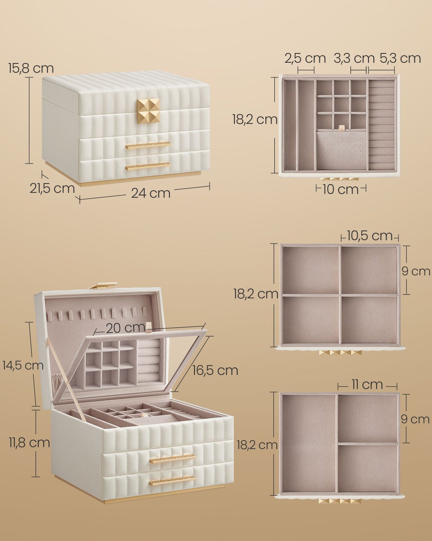 Joyero, Joyero Organizador, 3 Capas con Espejo, Caja Joyero, con 2 Cajones, Superficie PU Blanco Nube, SONGMICS, 6