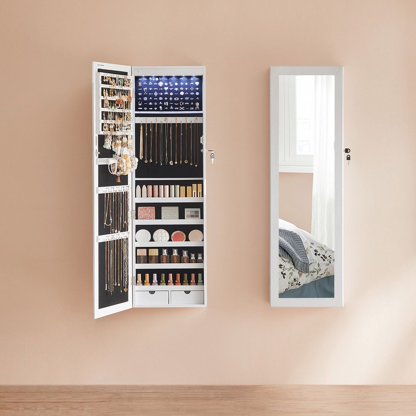 Espejo Joyero, Espejo Armario, de Pared, con Luces LED y Cierre, con Varios Compartimentos, Blanco, SONGMICS, 5