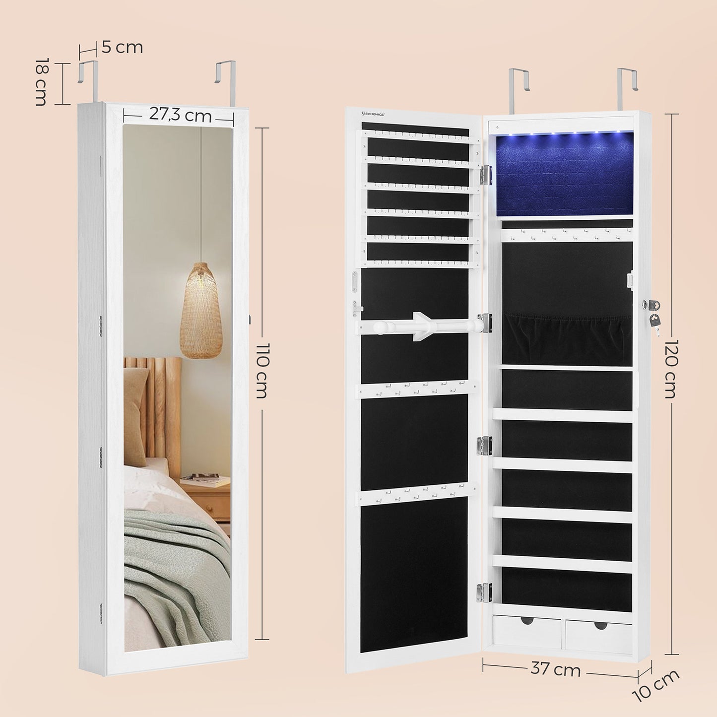 Espejo Joyero, Espejo Armario, de Pared, con Luces LED y Cierre, con Varios Compartimentos, Blanco, SONGMICS, 7