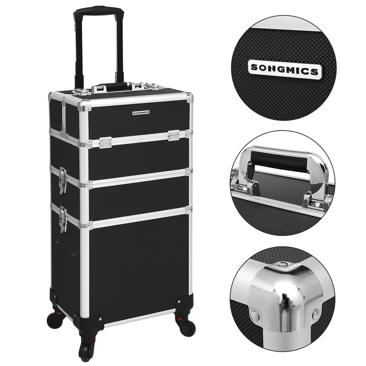 Maletin Maquillaje, Maletin Maquillaje Profesional, 3 en 1, Extra Grande, Maletín de Peluquería, Ruedas, Negro, SONGMICS, 2