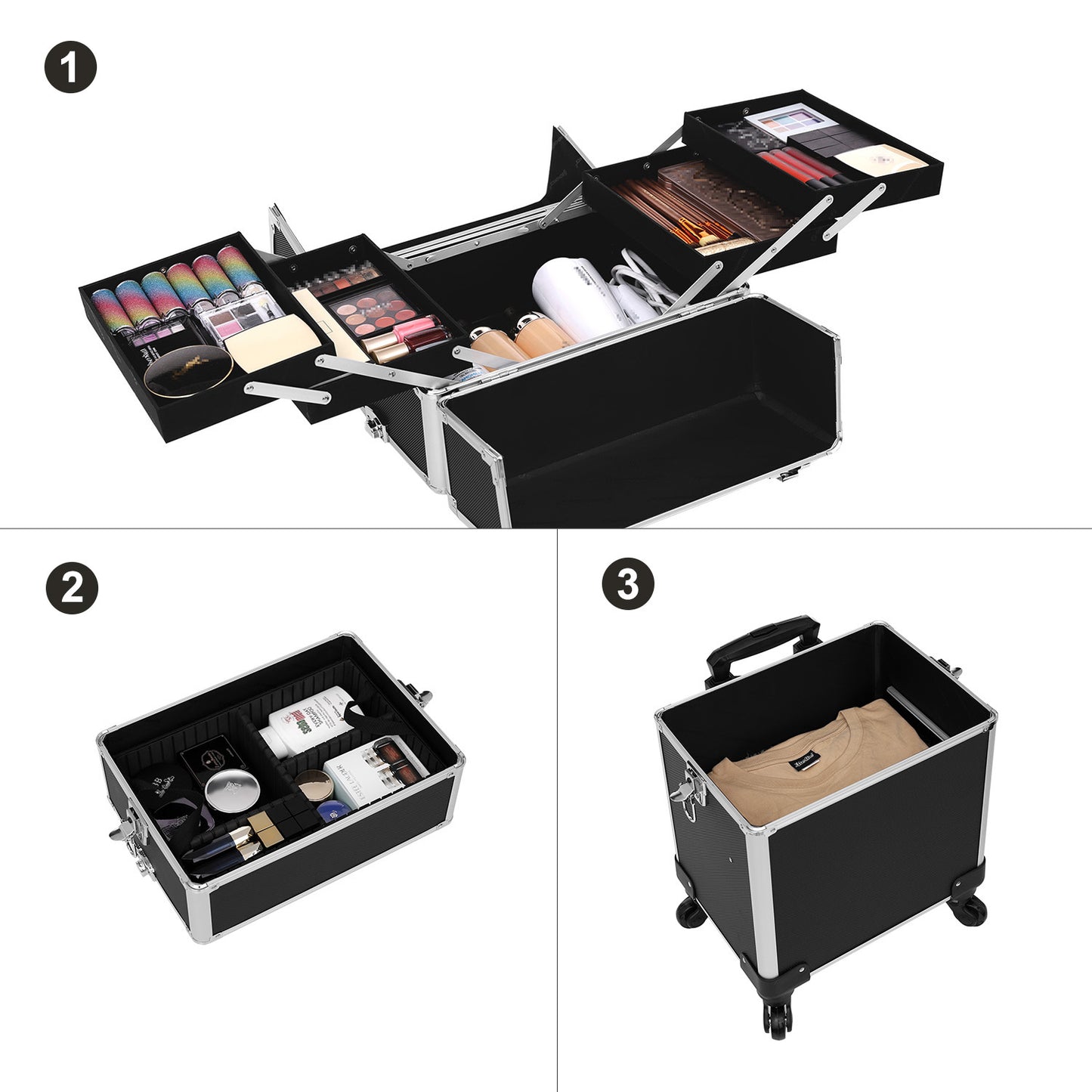 Maletin Maquillaje, Maletin Maquillaje Profesional, 3 en 1, Extra Grande, Maletín de Peluquería, Ruedas, Negro, SONGMICS, 7