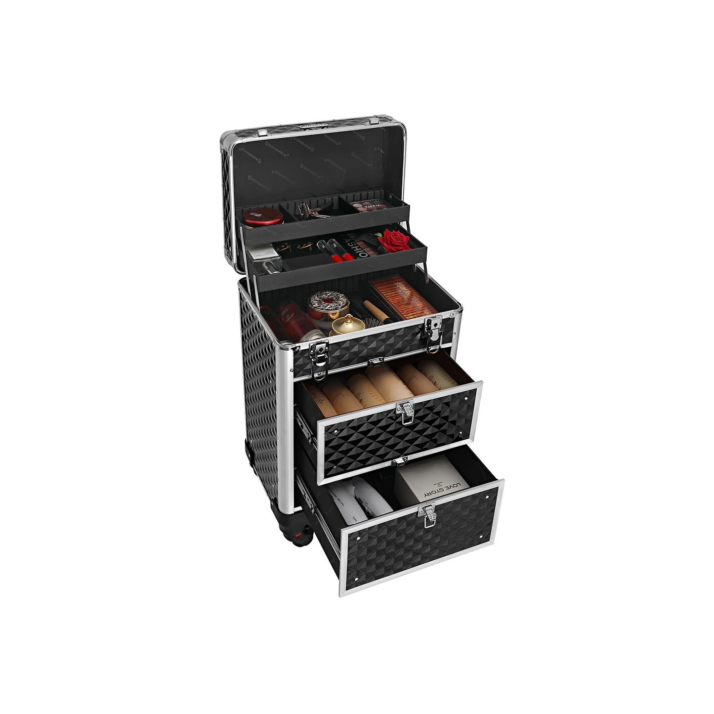 Maletin Maquillaje Profesional, Grande, Maletin Maquillaje, con 2 Cajones, Ruedas 360°, Maletín de Peluquería, SONGMICS, 3