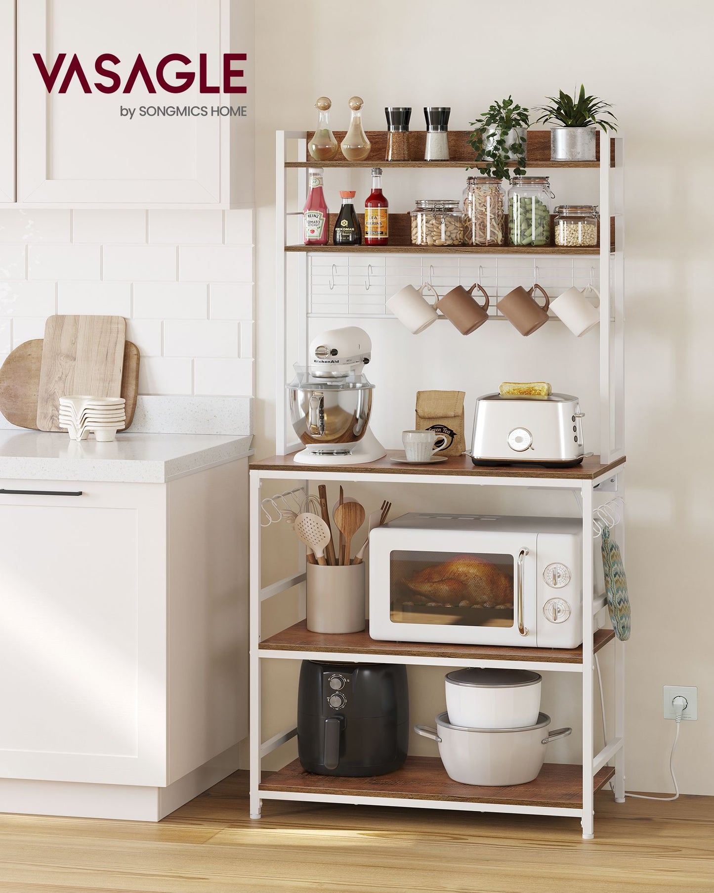 Estanteria Cocina, Soporte para microondas, con Toma de Corriente, Soporte de Microondas, 14 Ganchos, Nogal y Blanco, Vasagle, 3