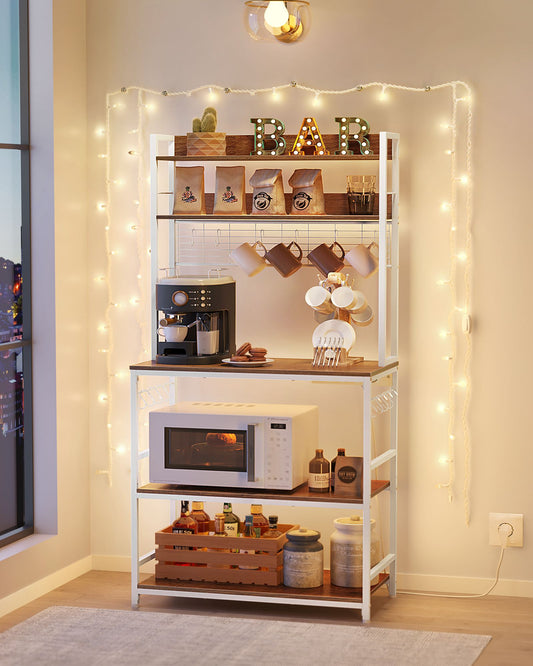 Estanteria Cocina, Soporte para microondas, con Toma de Corriente, Soporte de Microondas, 14 Ganchos, Nogal y Blanco, Vasagle, 4