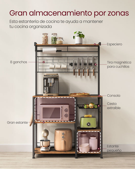 Estanteria Cocina, Soporte para microondas, Estanterias Trastero, 8 ganchos, Marrón rústico y negro, Vasagle, 4
