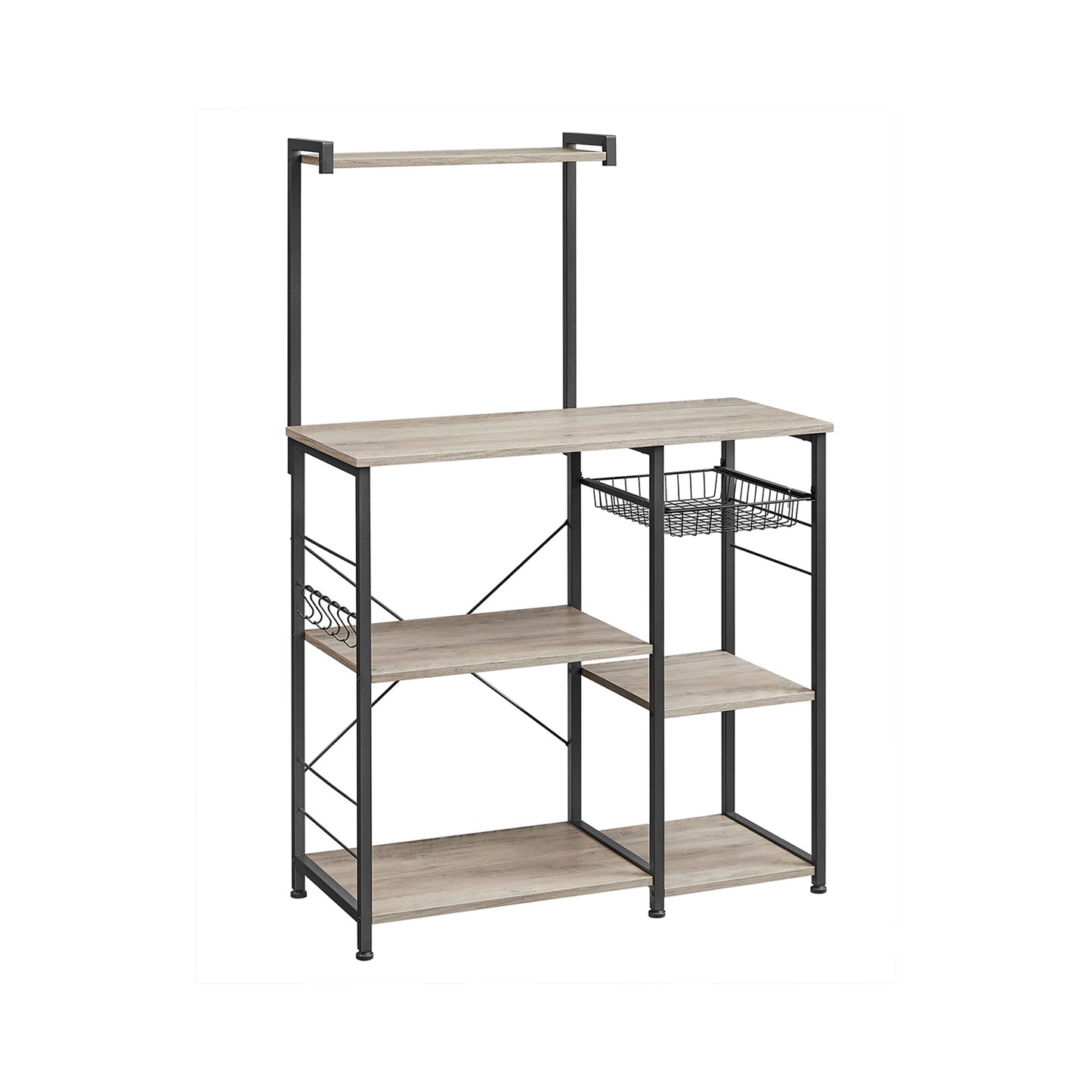 Estanteria Cocina, Estanterias Trastero, Soporte para Microondas, con cesta de alambre, 6 ganchos S, Greige y Black, Vasagle, 2