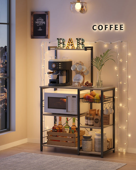 Estanteria Cocina, Estanterias Trastero, Soporte para Microondas, con cesta de alambre, 6 ganchos S, Greige y Black, Vasagle, 4