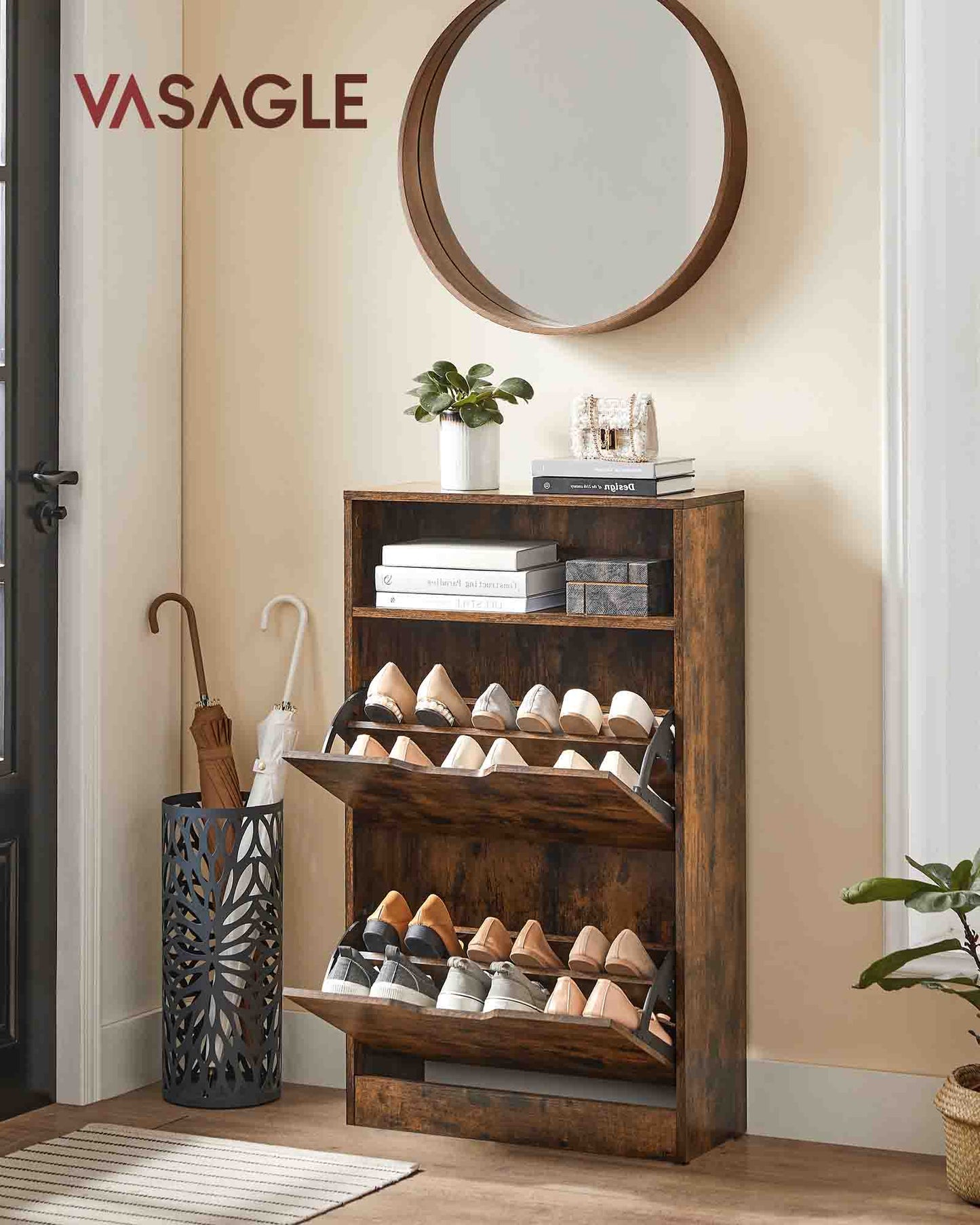 Zapatero, Mueble Zapatero, 8 a 12 Pares, Armario Zapatero, Zapatero Alto, 2 Puertas batientes, Marrón Rústico, VASAGLE, 9