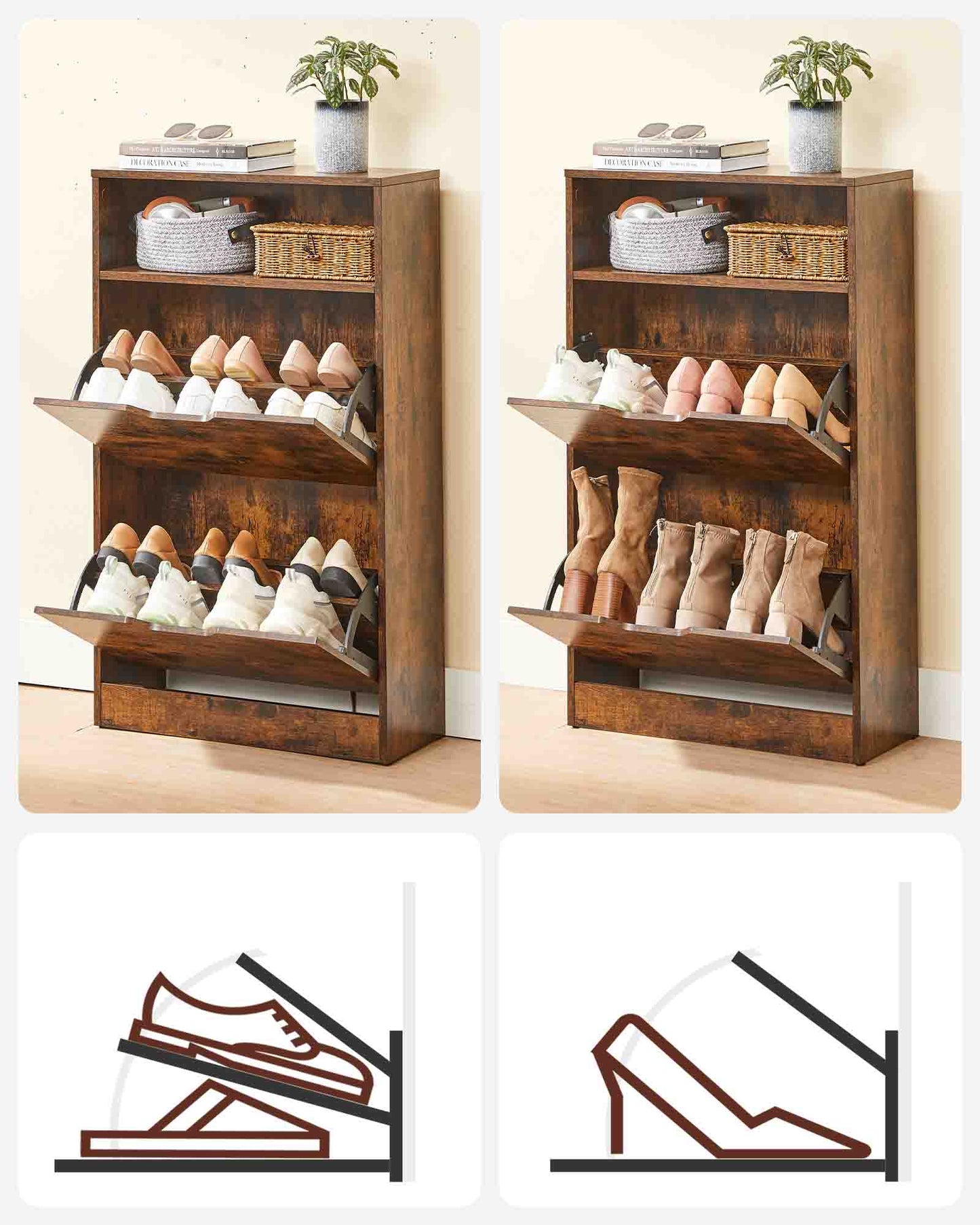 Zapatero, Mueble Zapatero, 8 a 12 Pares, Armario Zapatero, Zapatero Alto, 2 Puertas batientes, Marrón Rústico, VASAGLE, 4