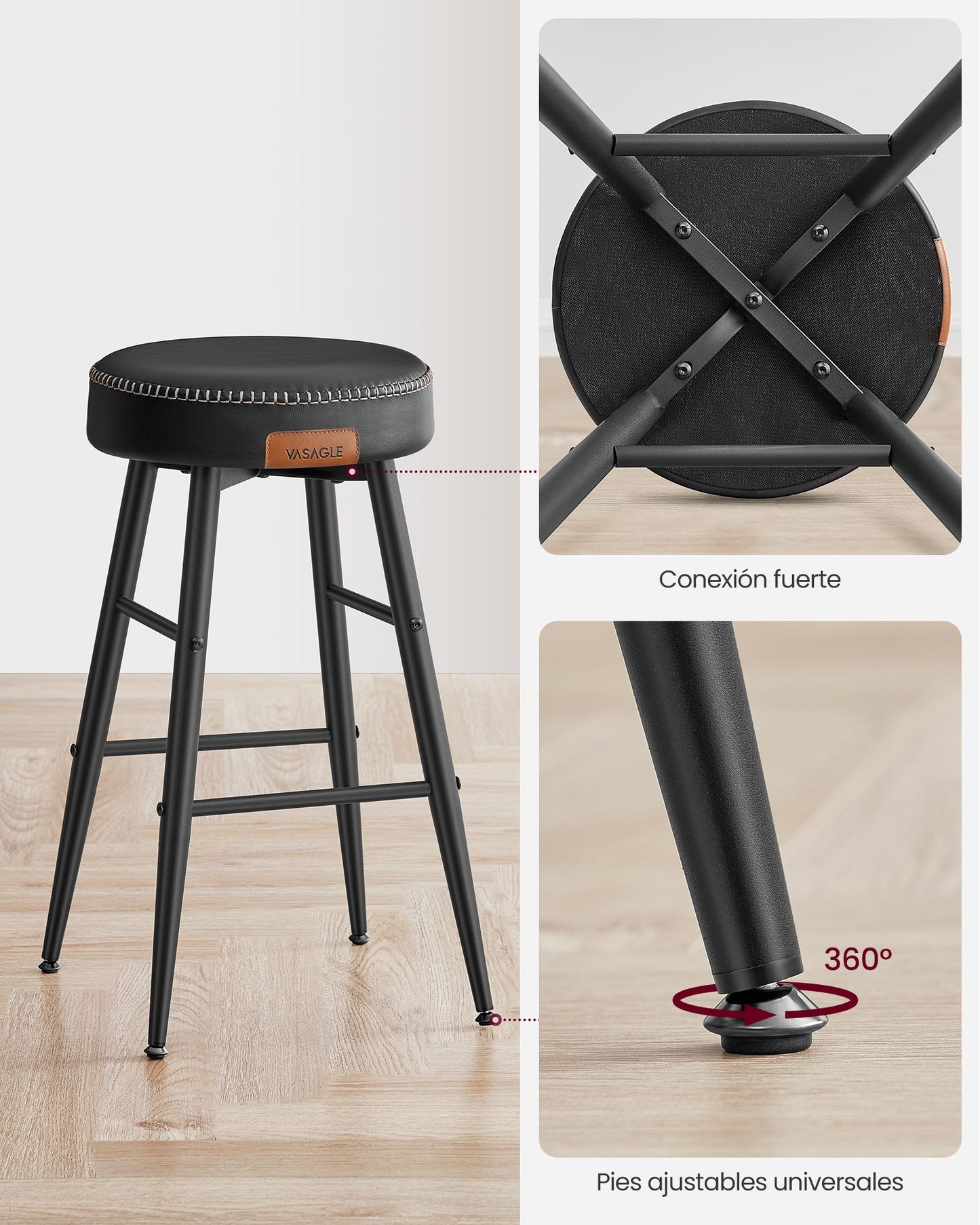 Taburetes Altos, Taburete Bar, Juego de 2, 63cm Alto, Taburetes de Cocina, Cuero Sintético con Costuras, Negro, VASAGLE, 9