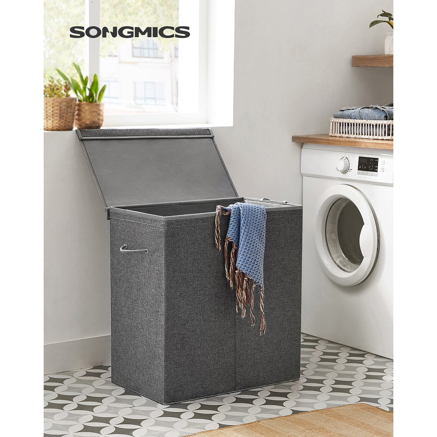 Cesto de Ropa Sucia, 142 L, Cesto Ropa Plegable, 2 compartimentos, con Tapa magnética, bolsa interna extraíble, Gris, SONGMICS, 3
