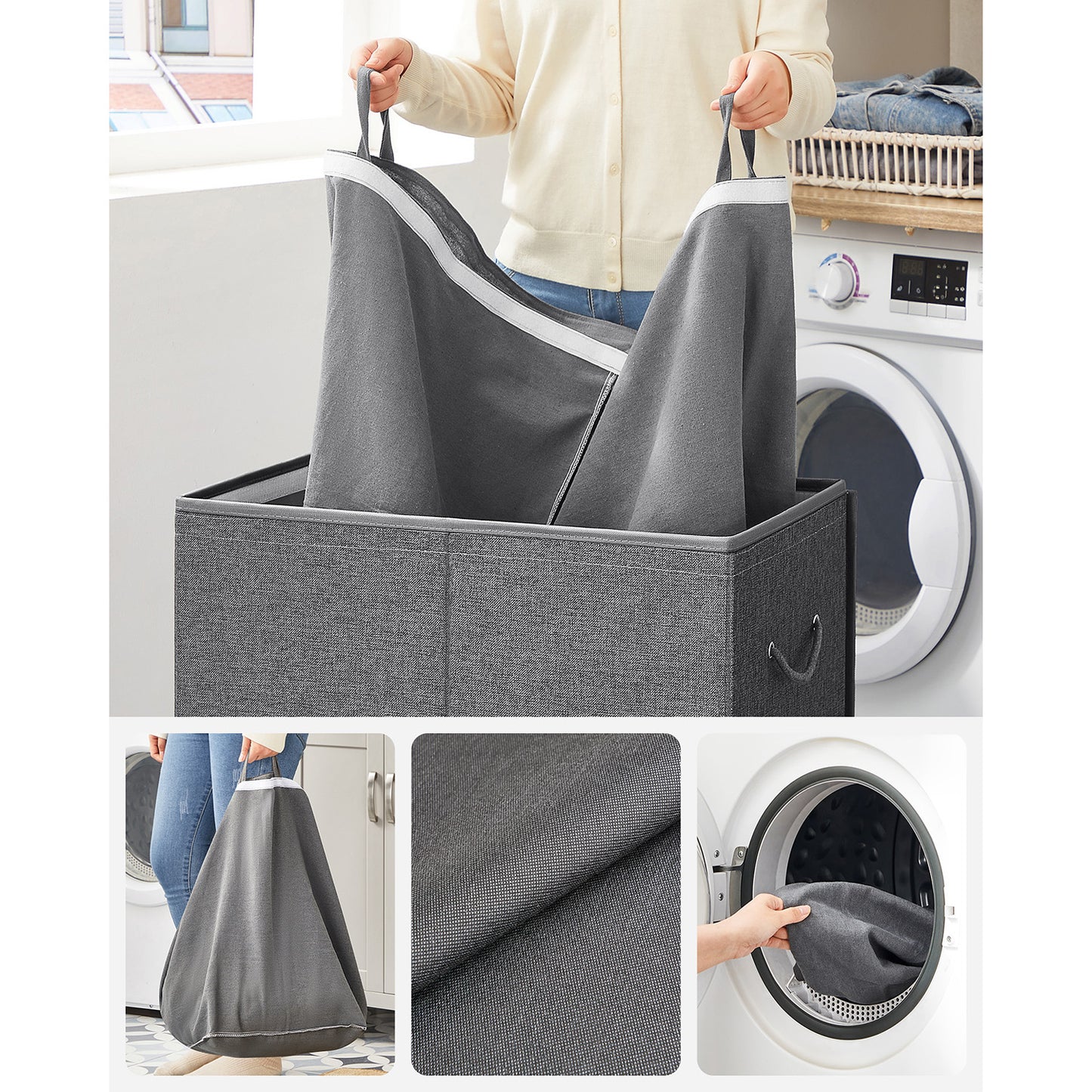 Cesto de Ropa Sucia, 142 L, Cesto Ropa Plegable, 2 compartimentos, con Tapa magnética, bolsa interna extraíble, Gris, SONGMICS, 7
