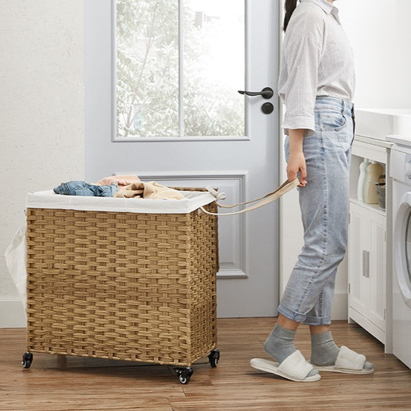 Songmics Cesta de Lavandería de Ratán Sintético, 3 Compartimentos, 140L