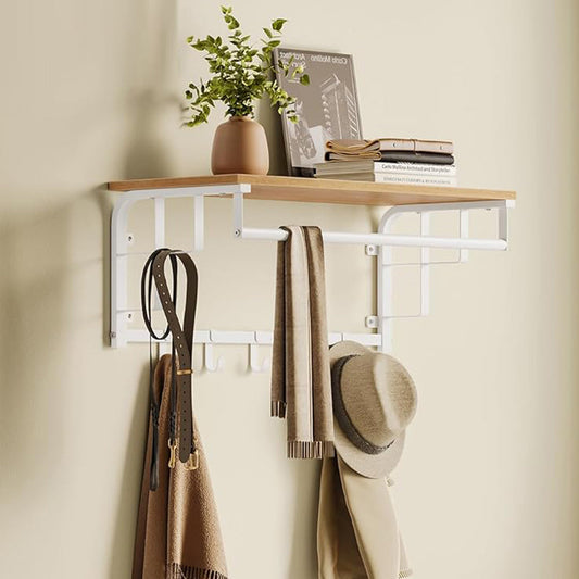 Perchero Pared, 66 x 30 x 27 cm, Perchero con Estante, con 5 Ganchos Extraíbles, Barra de Colgar, Roble y Blanco, Vasagle, 2