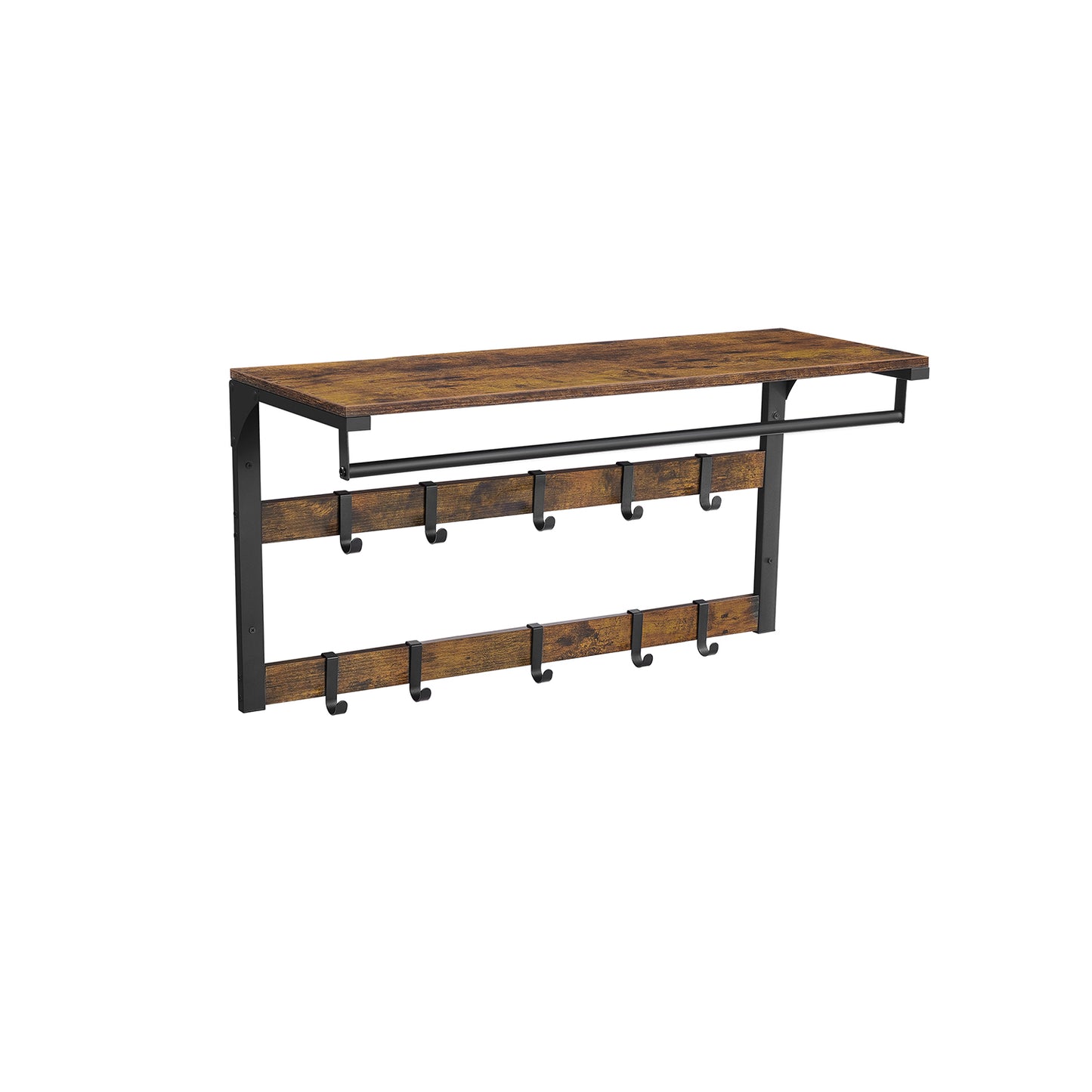 Perchero Pared, con 10 Ganchos Extraíbles, 30x80x42 cm, Doble Fila de Ganchos y Barra de Colgar, Marrón Rústico y Negro, VASAGLE, 2