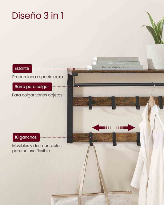 Perchero Pared, con 10 Ganchos Extraíbles, 30x80x42 cm, Doble Fila de Ganchos y Barra de Colgar, Marrón Rústico y Negro, VASAGLE, 4