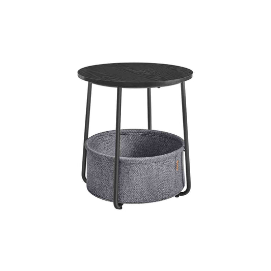 Mesa auxiliar, Mesa de Centro Redonda, Mesita de noche, con Cesta de Tela, Espaciosa, Mesa Pequeña, Negro Gris, VASAGLE, 2
