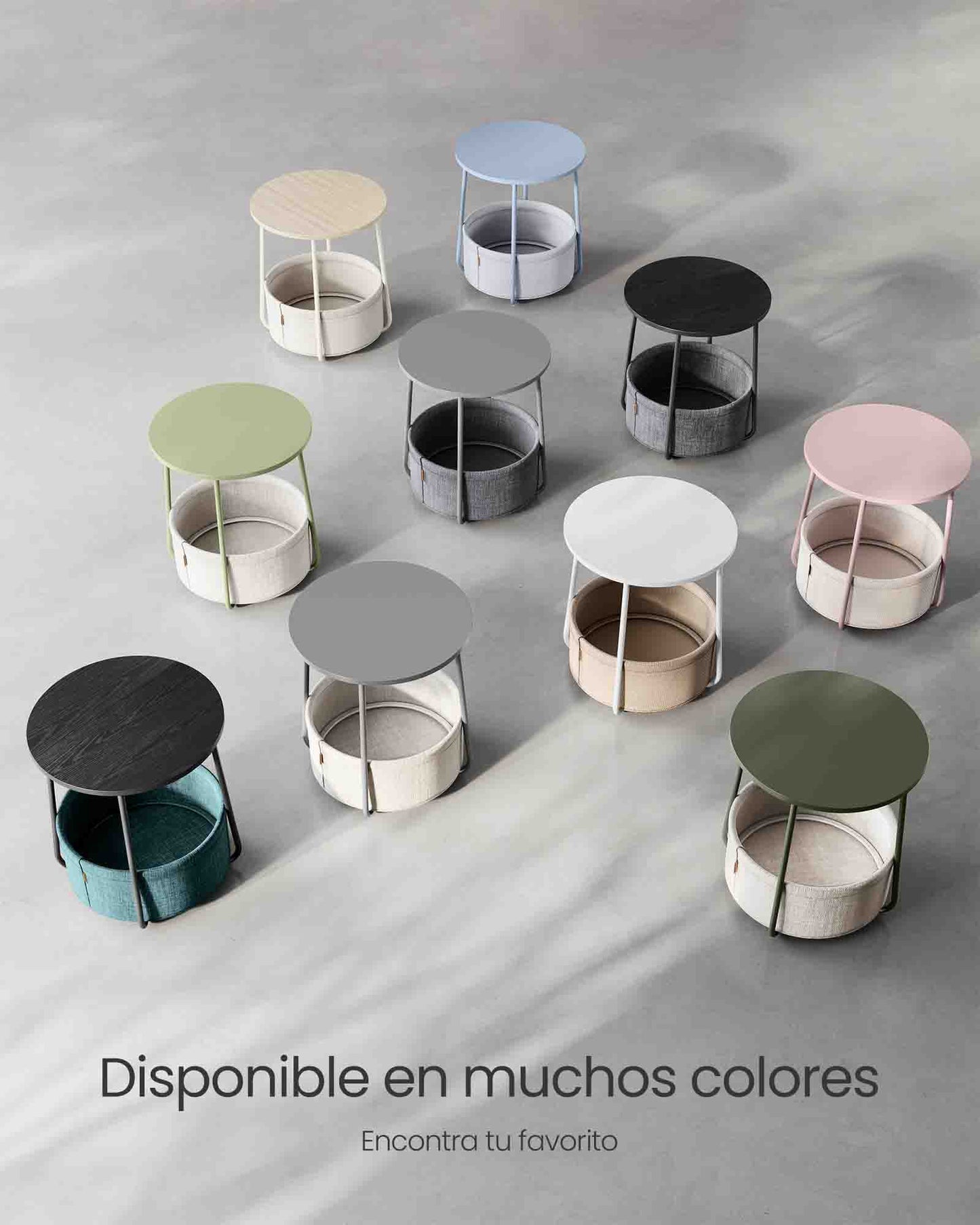 Mesa auxiliar, Mesa de Centro Redonda, Mesita de noche, con Cesta de Tela, Espaciosa, Mesa Pequeña, Negro Gris, VASAGLE, 8