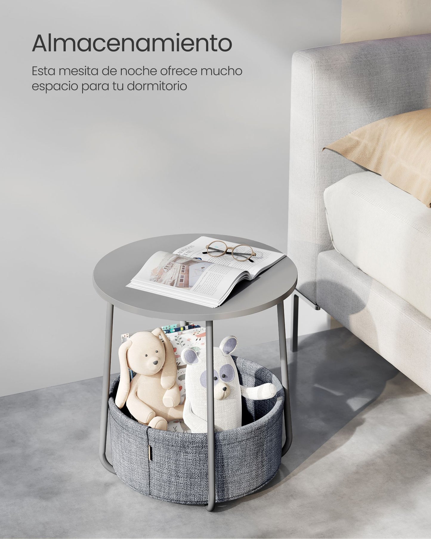 Mesa auxiliar, Mesa de Centro Redonda, Mesita de noche, con Cesta de Tela, Espaciosa, Mesa Pequeña, Gris, VASAGLE, 3