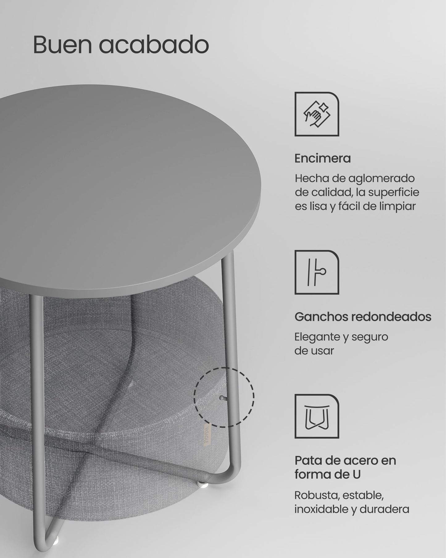 Mesa auxiliar, Mesa de Centro Redonda, Mesita de noche, con Cesta de Tela, Espaciosa, Mesa Pequeña, Gris, VASAGLE, 5