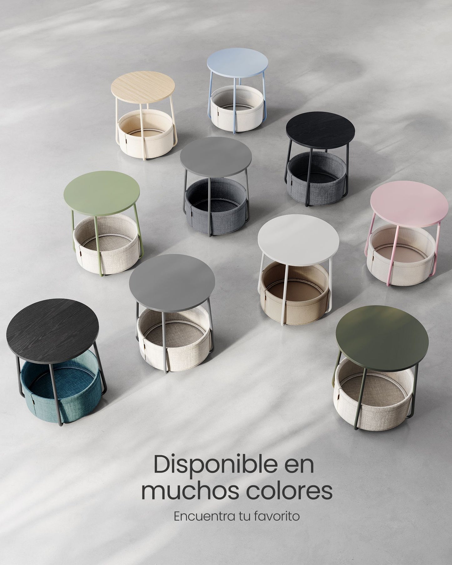 Mesa auxiliar, Mesa de Centro Redonda, Mesita de noche, con Cesta de Tela, Espaciosa, Mesa Pequeña, Gris, VASAGLE, 8