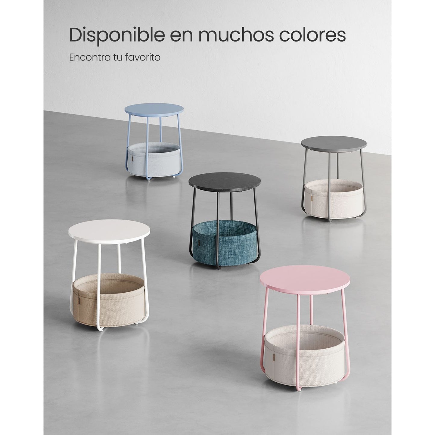 Mesa auxiliar, Mesa de Centro Redonda, Mesita de noche, con Cesta de Tela, Espaciosa, Mesa Pequeña, Gris Blanco, VASAGLE, 8