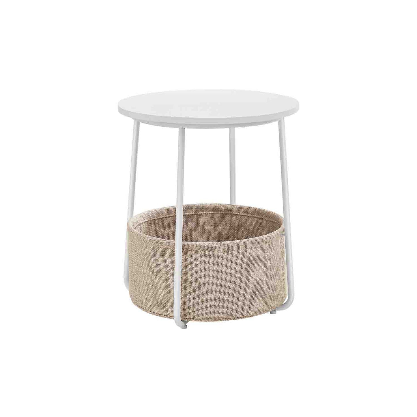 Mesa auxiliar, Mesa de Centro Redonda, Mesita de noche, con Cesta de Tela, Espaciosa, Mesa Pequeña, Blanco Marrón, VASAGLE, 2