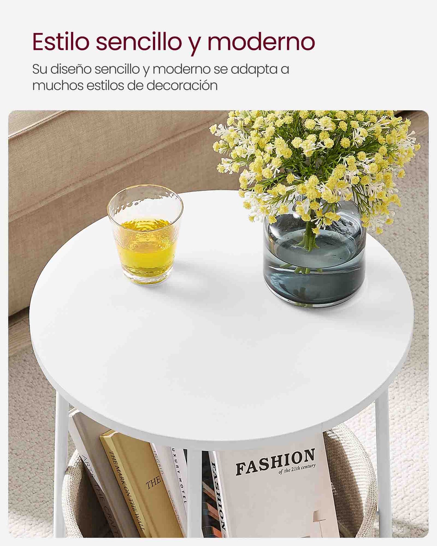 Mesa auxiliar, Mesa de Centro Redonda, Mesita de noche, con Cesta de Tela, Espaciosa, Mesa Pequeña, Blanco Marrón, VASAGLE, 5