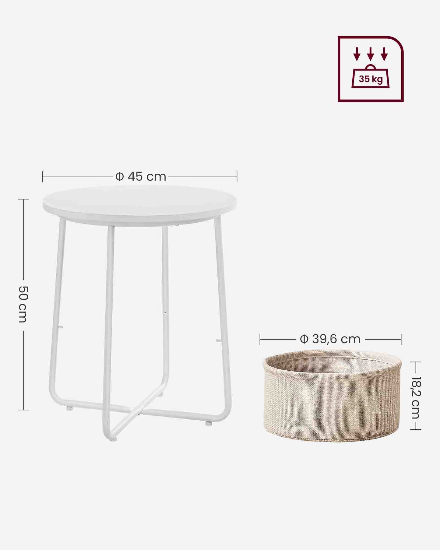 Mesa auxiliar, Mesa de Centro Redonda, Mesita de noche, con Cesta de Tela, Espaciosa, Mesa Pequeña, Blanco Marrón, VASAGLE, 7