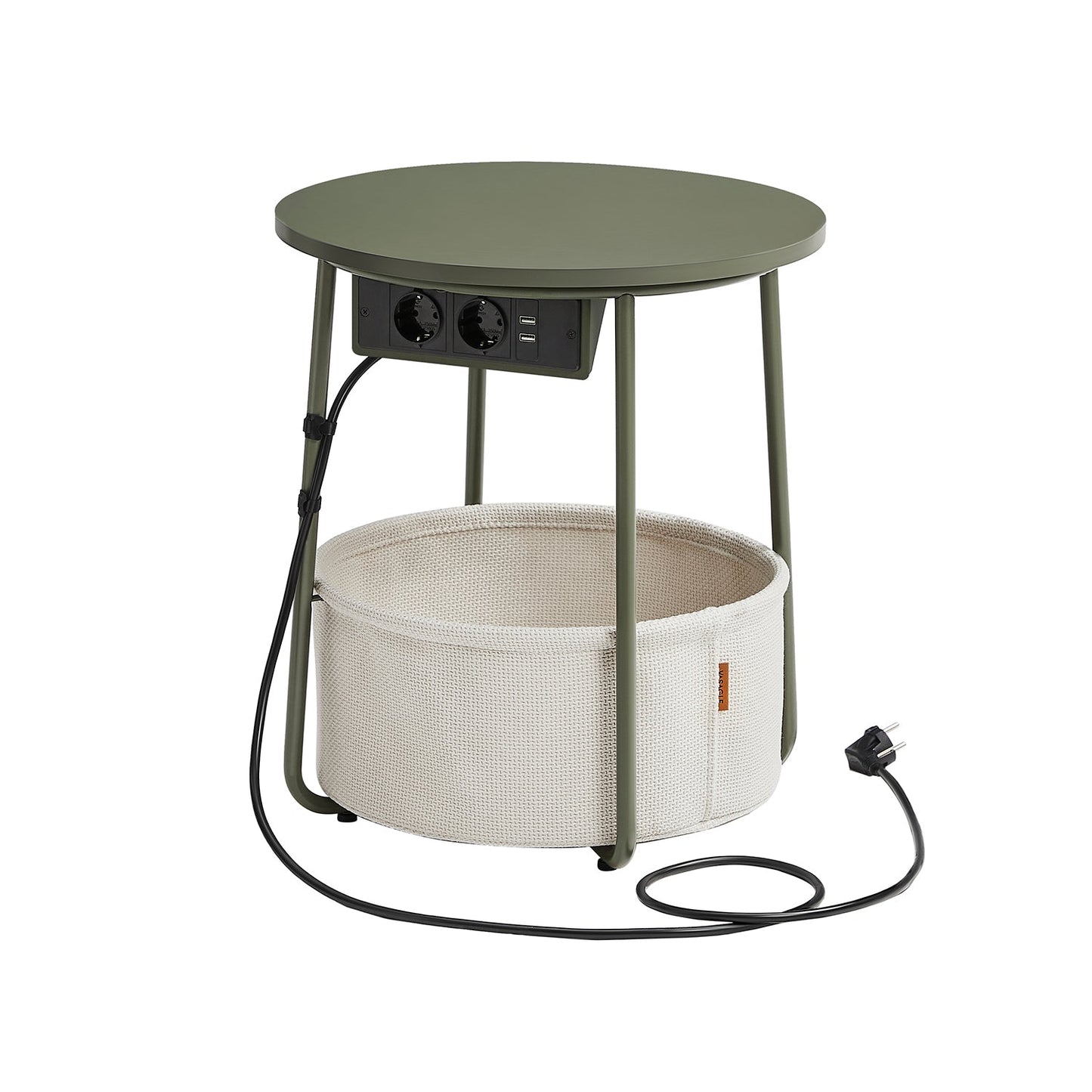 Mesa auxiliar, Mesa de Centro Redonda, Mesita de noche, con Tomas de Corriente, Cesta de Tela, Verde Blanco, VASAGLE, 1