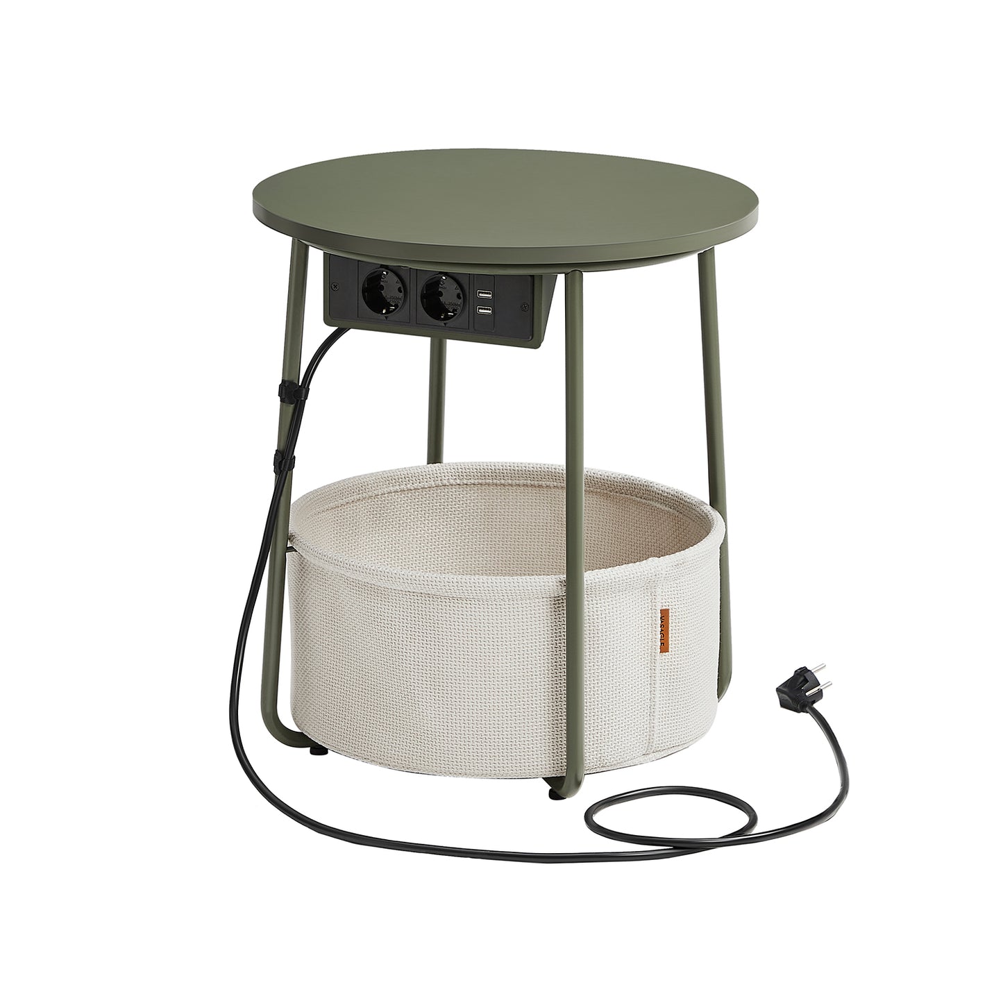 Mesa auxiliar, Mesa de Centro Redonda, Mesita de noche, con Tomas de Corriente, Cesta de Tela, Verde Blanco, VASAGLE, 2