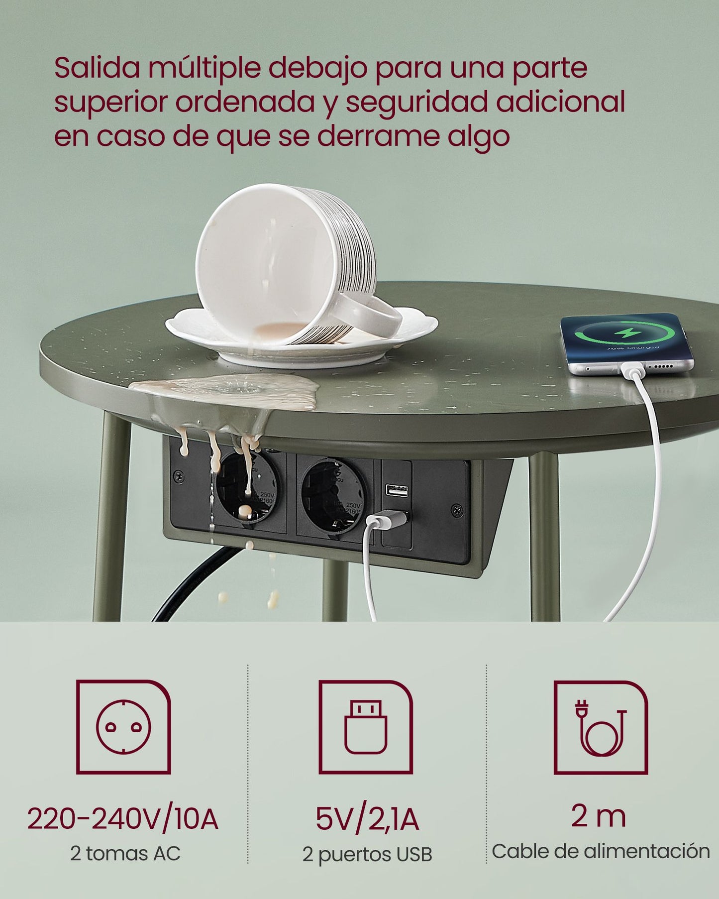 Mesa auxiliar, Mesa de Centro Redonda, Mesita de noche, con Tomas de Corriente, Cesta de Tela, Verde Blanco, VASAGLE, 4