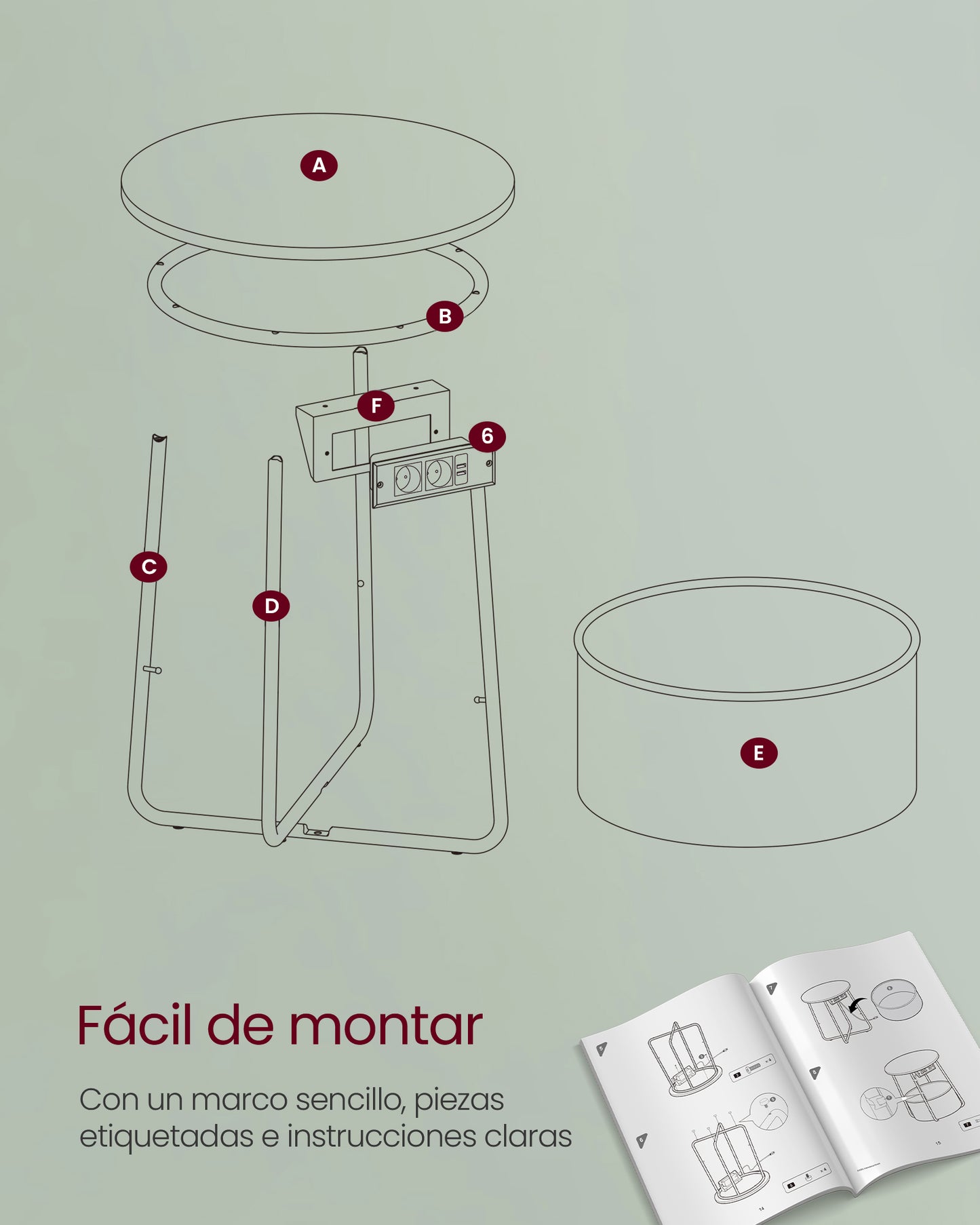 Mesa auxiliar, Mesa de Centro Redonda, Mesita de noche, con Tomas de Corriente, Cesta de Tela, Verde Blanco, VASAGLE, 8