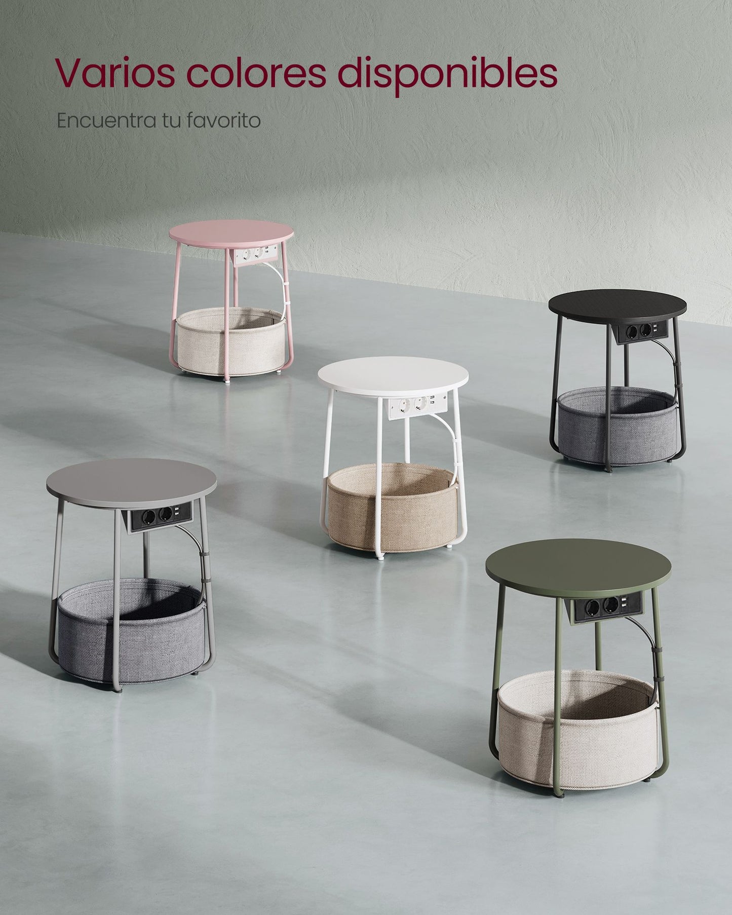 Mesa auxiliar, Mesa de Centro Redonda, Mesita de noche, con Tomas de Corriente, Cesta de Tela, Verde Blanco, VASAGLE, 9
