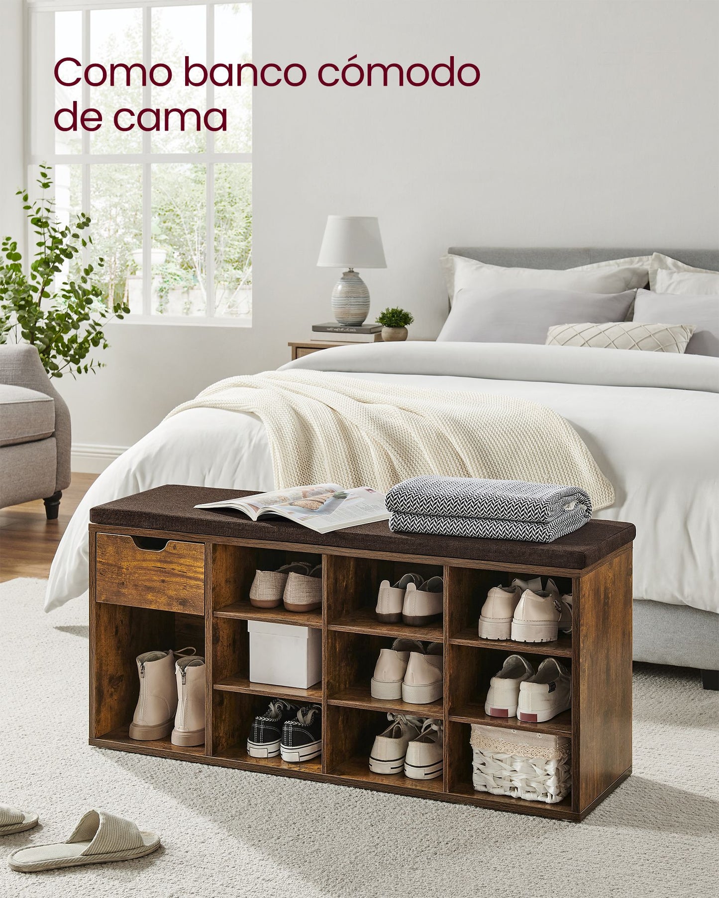 Banco Zapatero, Zapatero Recibidor, Mueble zapatero, con Asiento y Cojín, Zapatos con Estante, Marrón Rústico, VASAGLE, 2