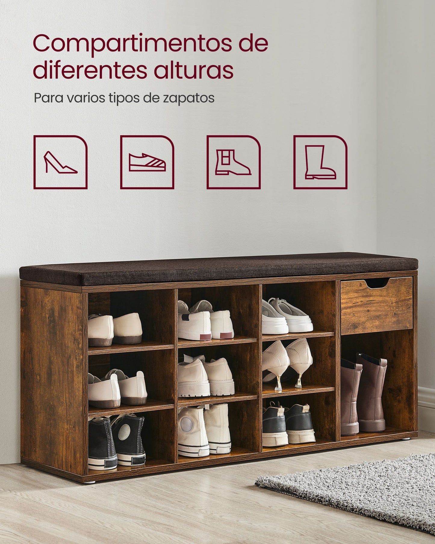 Banco Zapatero, Zapatero Recibidor, Mueble zapatero, con Asiento y Cojín, Zapatos con Estante, Marrón Rústico, VASAGLE, 4
