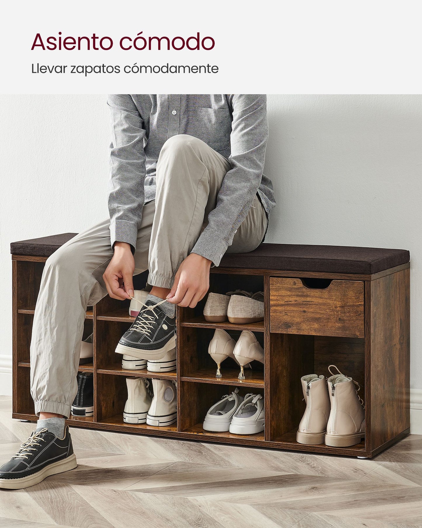 Banco Zapatero, Zapatero Recibidor, Mueble zapatero, con Asiento y Cojín, Zapatos con Estante, Marrón Rústico, VASAGLE, 5