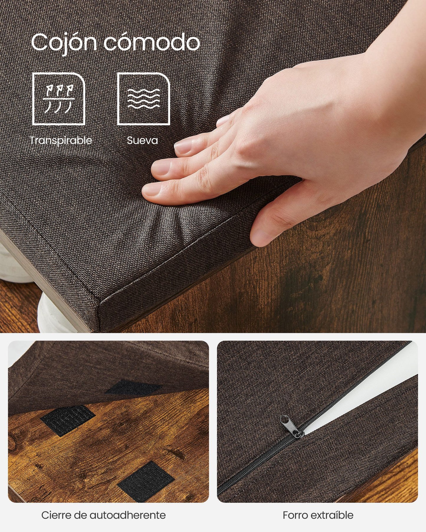 Banco Zapatero, Zapatero Recibidor, Mueble zapatero, con Asiento y Cojín, Zapatos con Estante, Marrón Rústico, VASAGLE, 6