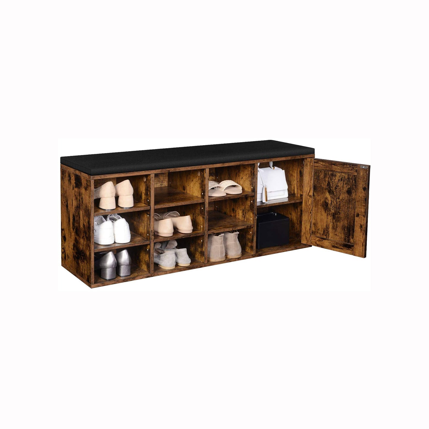 Banco Zapatero, Zapatero Recibidor, Armario Zapatero, 9 Compartimentos Abiertos y un Armario, con Tapizado, Marrón, VASAGLE, 8