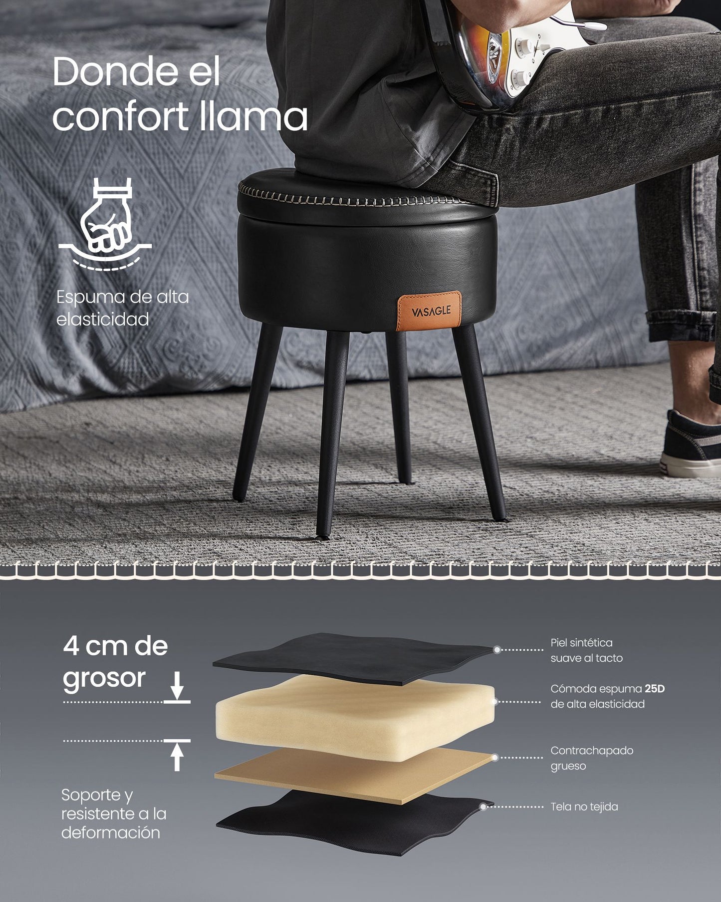 Puff almacenaje, Taburete Tocador, Puff Salon, Piel Sintética con Costura, con Patas de Acero, Carga 150 kg, Negro, VASAGLE, 3