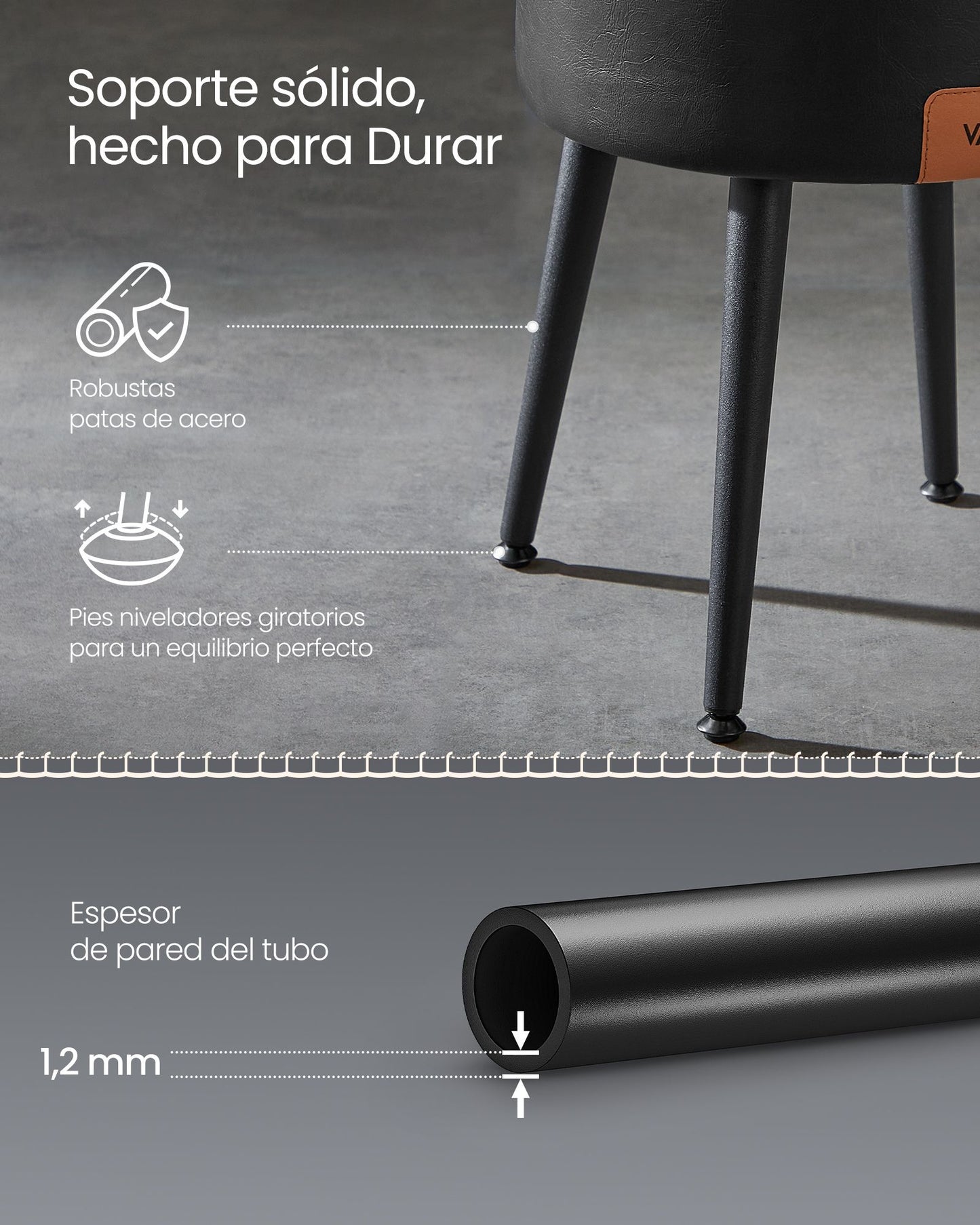 Puff almacenaje, Taburete Tocador, Puff Salon, Piel Sintética con Costura, con Patas de Acero, Carga 150 kg, Negro, VASAGLE, 8