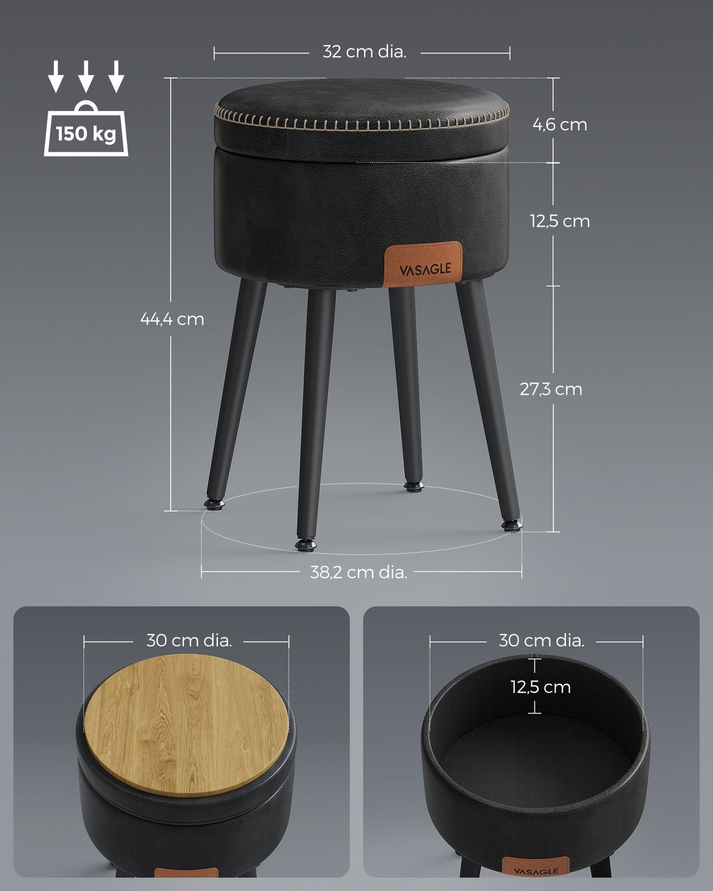 Puff almacenaje, Taburete Tocador, Puff Salon, Piel Sintética con Costura, con Patas de Acero, Carga 150 kg, Negro, VASAGLE, 7