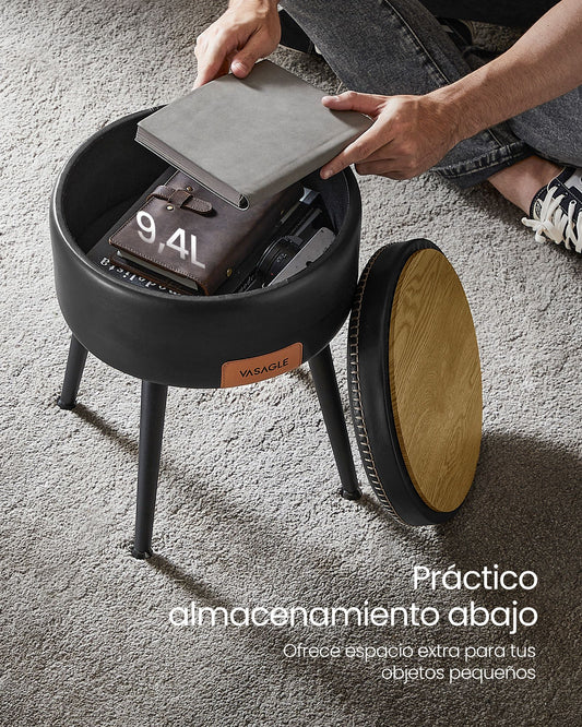 Puff almacenaje, Taburete Tocador, Puff Salon, Piel Sintética con Costura, con Patas de Acero, Carga 150 kg, Negro, VASAGLE, 2