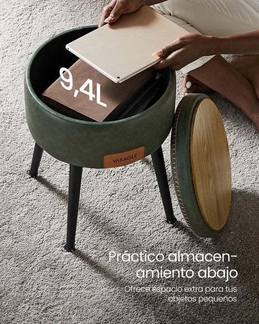 Puff Almacenaje, Puff Salon, Taburete Tocador, Piel Sintética con Costura, con Patas de Acero, Carga 150 kg, Verde, VASAGLE, 2