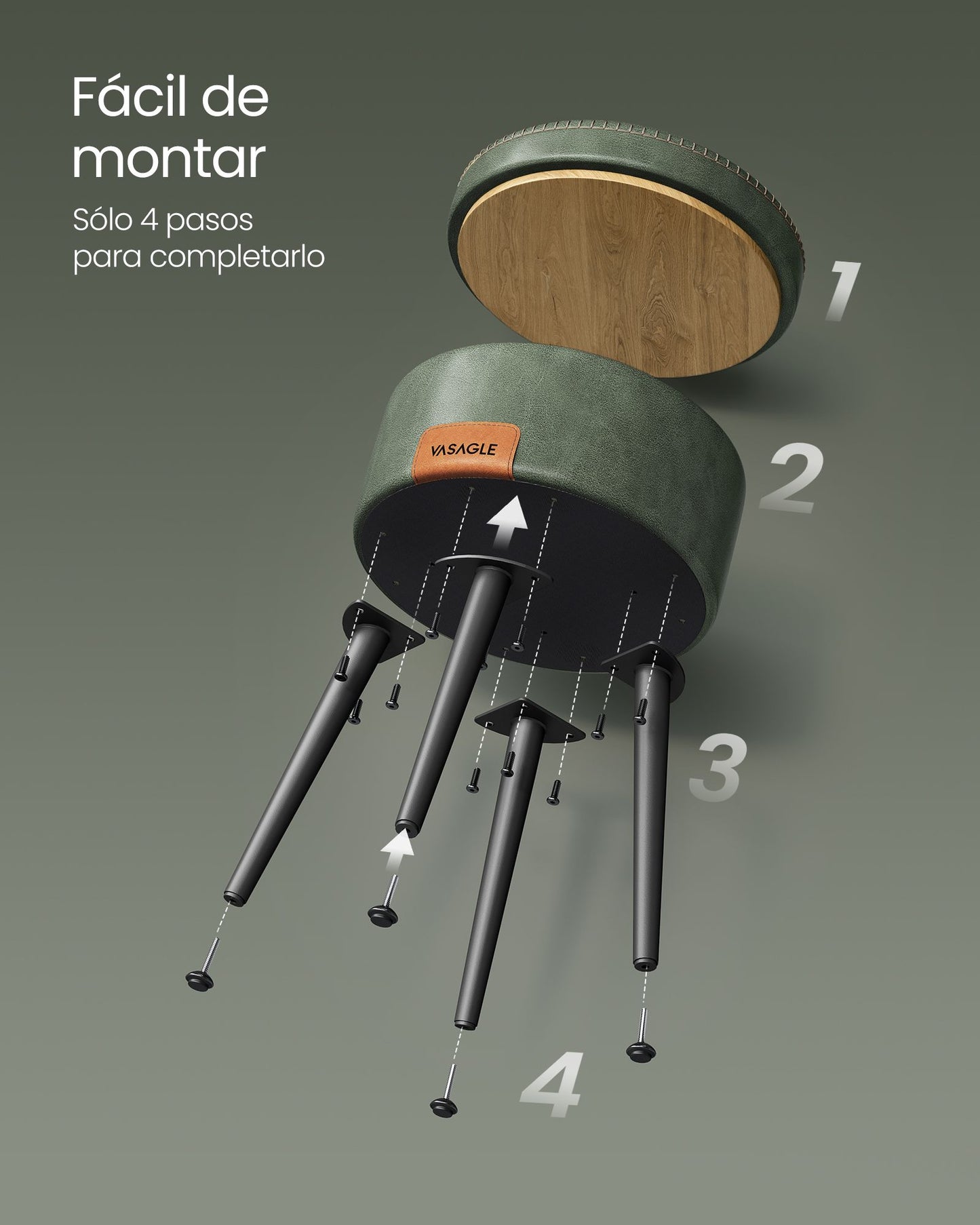 Puff Almacenaje, Puff Salon, Taburete Tocador, Piel Sintética con Costura, con Patas de Acero, Carga 150 kg, Verde, VASAGLE, 9