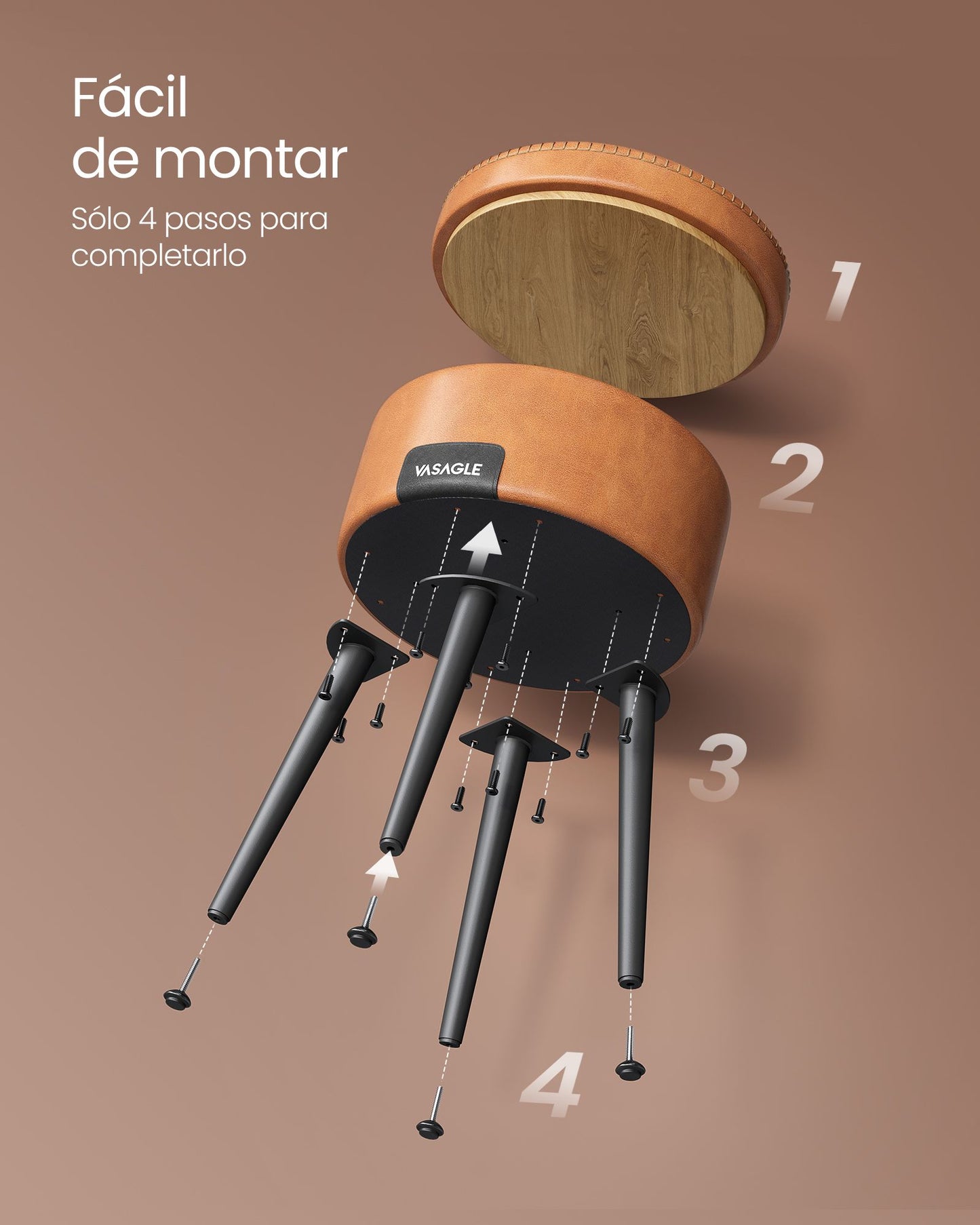 Puff Almacenaje, Puff Salon, Taburete Tocador, Piel Sintética con Costura, con Patas de Acero, Carga 150 kg, Caramelo, VASAGLE, 9